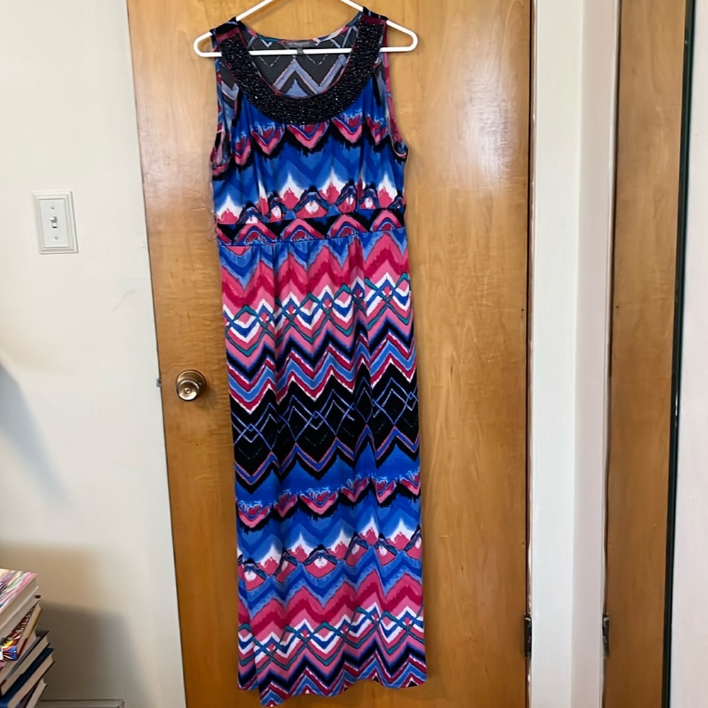 Blue and pink geometric pattern maxi dress